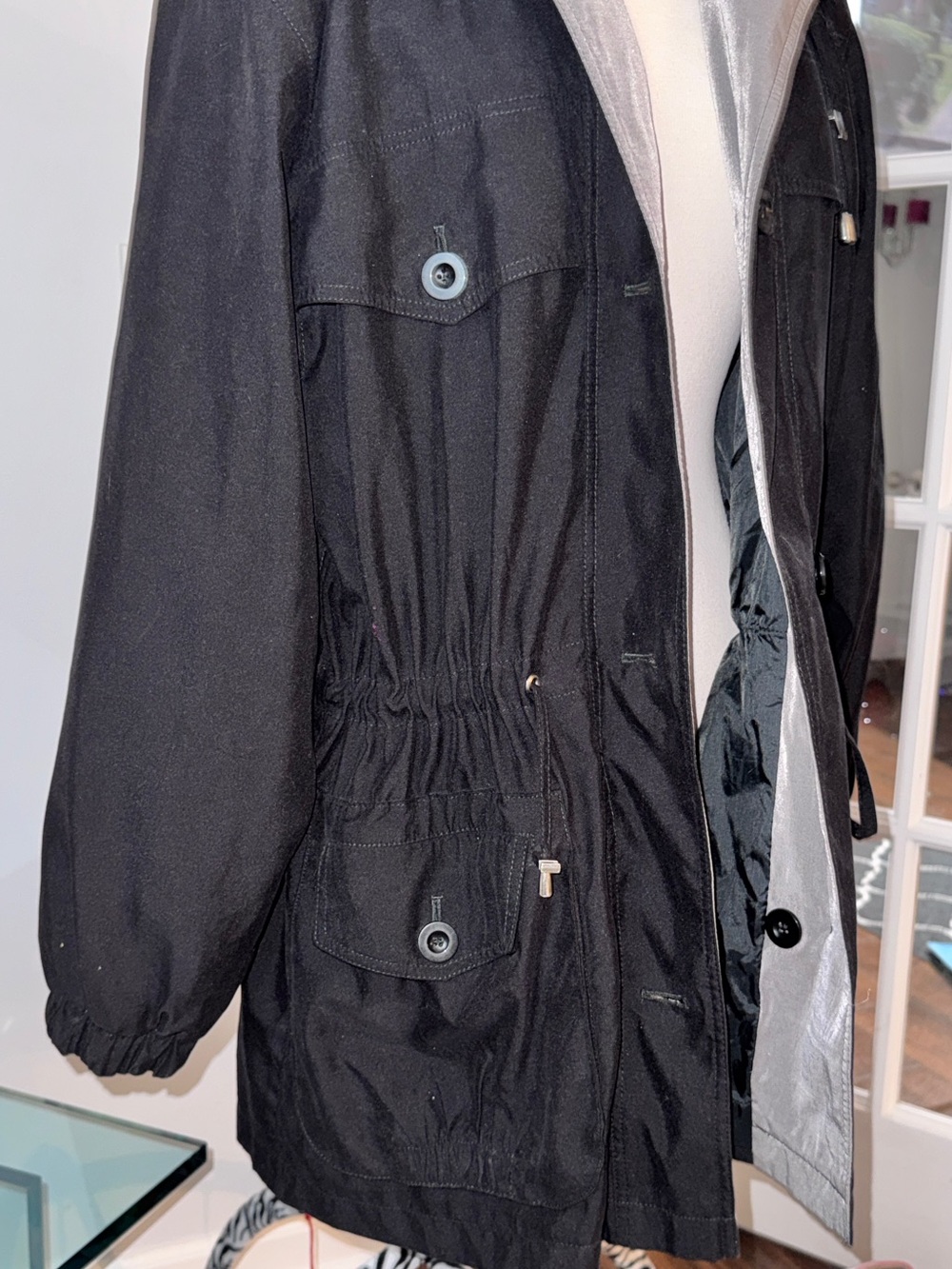 Gallery Black Hooded Utility Jacket with Cinched Adjustable Waist